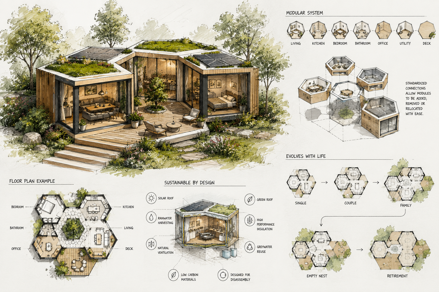 Concept sketch sheet showing a hexagonal modular home, its module system, floor plan and how the configuration evolves from single to retirement